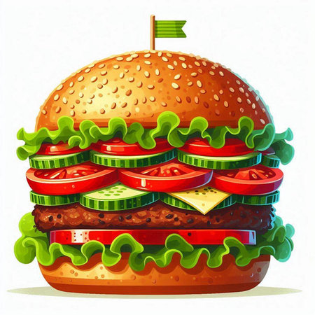 Big hamburger with green lettuce, tomato, cheese and cucumber. Vector illustration.のイラスト素材