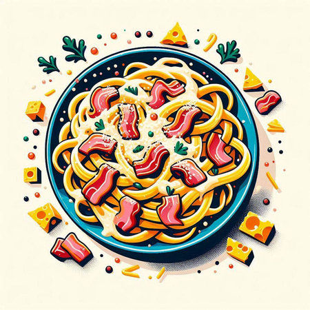 Spaghetti with bacon and cheese on a plate. Vector illustration.のイラスト素材