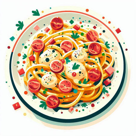 Spaghetti with tomato, mozzarella and parsley. Vector illustration.のイラスト素材
