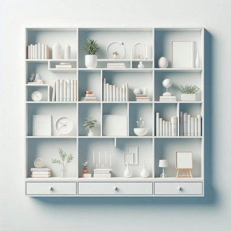 White bookshelf with books and decorations. 3D rendering.のイラスト素材
