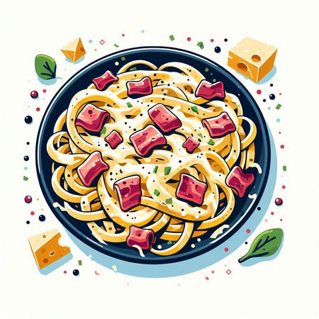 Spaghetti pasta with bacon, cheese and herbs. Vector illustration.のイラスト素材