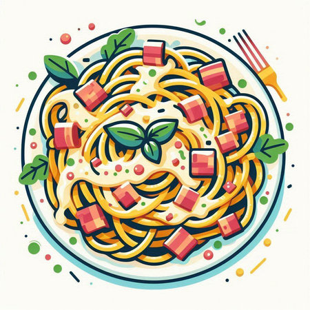 Spaghetti with tomato sauce and basil. Hand drawn vector illustration.のイラスト素材