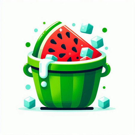 Watermelon and ice cubes in a green bucket. Vector illustration.のイラスト素材