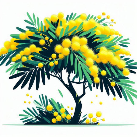 Mimosa tree with yellow flowers on white background, vector illustrationのイラスト素材