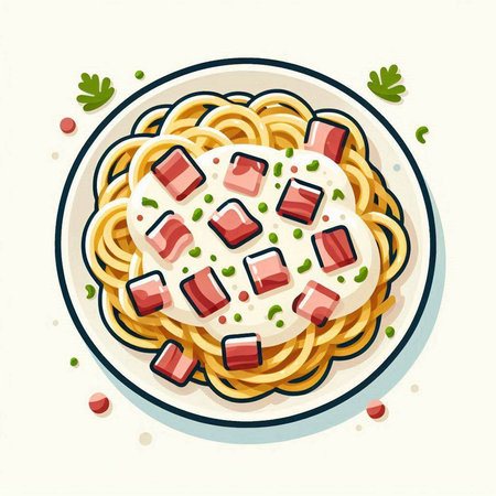 Spaghetti with ham and mayonnaise on plate. Vector illustration.のイラスト素材