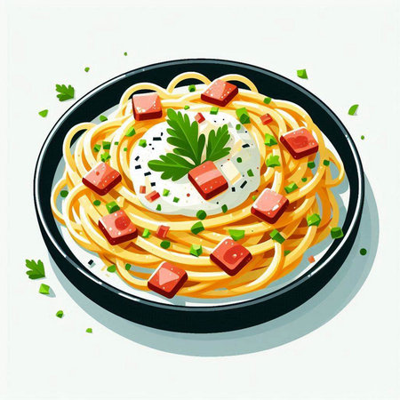 Spaghetti with salmon, parsley and cream sauce. Vector illustration.のイラスト素材