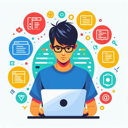 Young man with laptop and infographics. Vector illustration in flat styleのイラスト素材