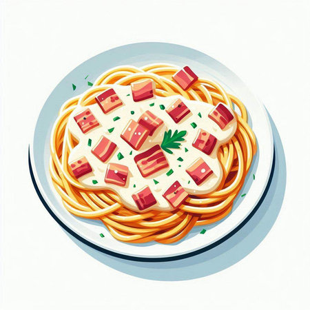 Illustration of a plate of spaghetti with tomato sauce and parsleyのイラスト素材