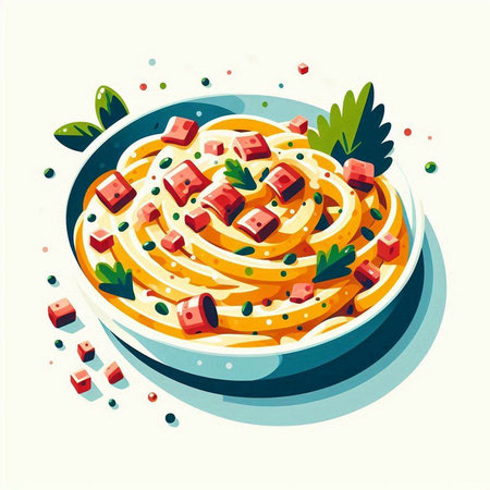 Spaghetti with tuna and tomato sauce in a bowl. Vector illustration.のイラスト素材