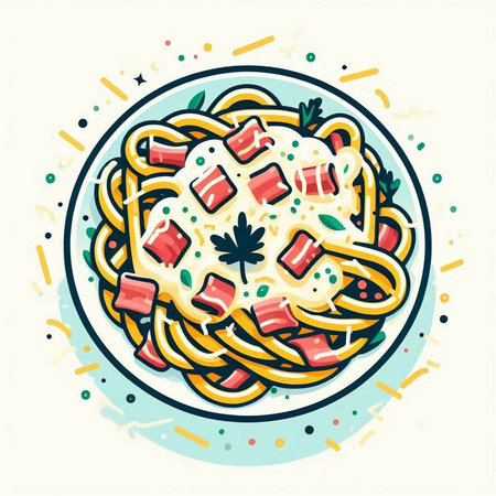Illustration of Spaghetti with Ham and Cheese. Vector Illustrationのイラスト素材