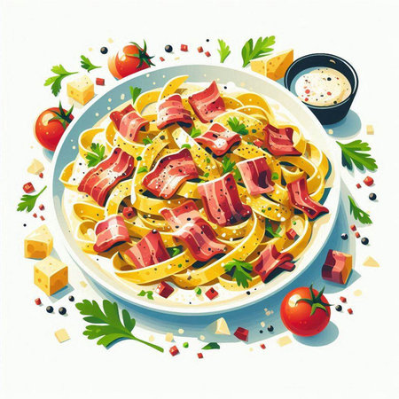 Salad with pasta, ham, cheese and herbs. Vector illustration.のイラスト素材