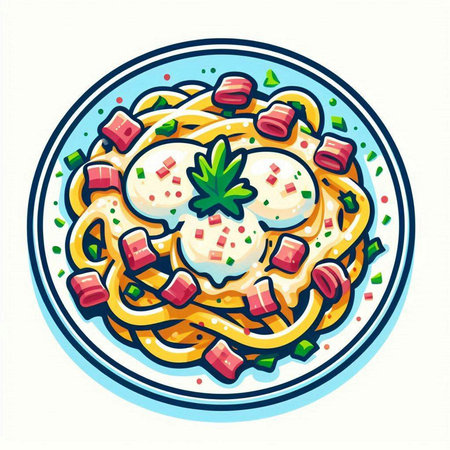 Illustration of a plate of spaghetti with poached eggs and parsleyのイラスト素材