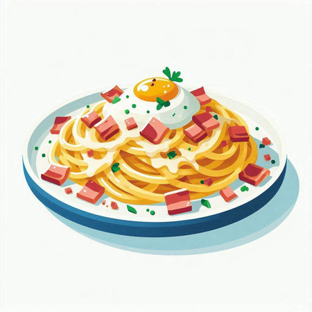 Spaghetti with bacon, egg and cheese on a plate. Vector illustration.のイラスト素材