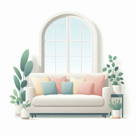 Living room interior with window, sofa and plants. Vector illustration.のイラスト素材