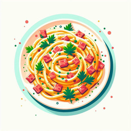 Spaghetti with tomato sauce and parsley on a plate. Vector illustration.のイラスト素材