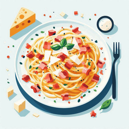 Spaghetti with tomato sauce, cheese and basil. Vector illustration.のイラスト素材