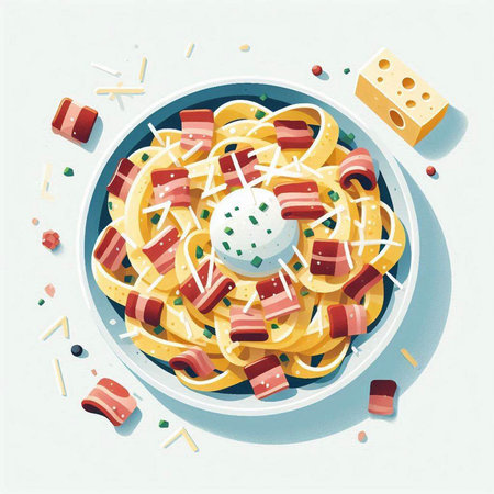 Spaghetti with bacon and cheese in a plate. Vector illustration.のイラスト素材