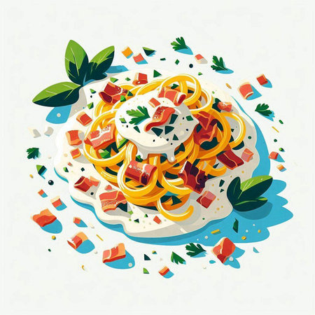 Spaghetti with cream sauce and vegetables on a white background. Vector illustration.のイラスト素材