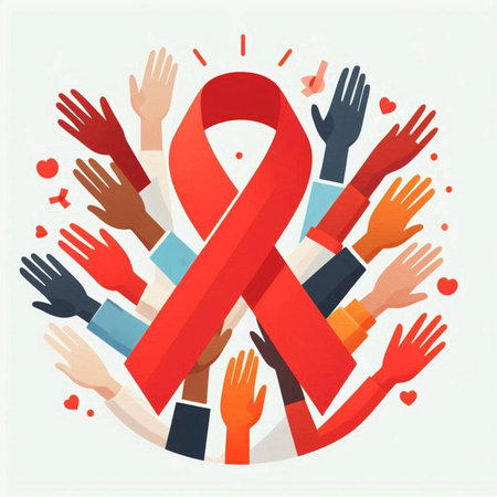 Vector illustration of red ribbon symbol for World Aids Day. People hands raised up around red ribbon.のイラスト素材
