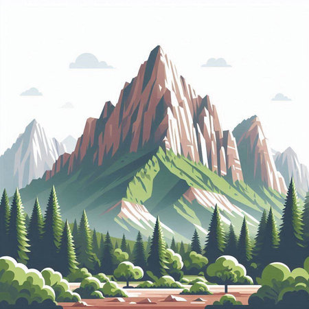 Landscape with mountains and forest. Vector illustration in flat style.のイラスト素材