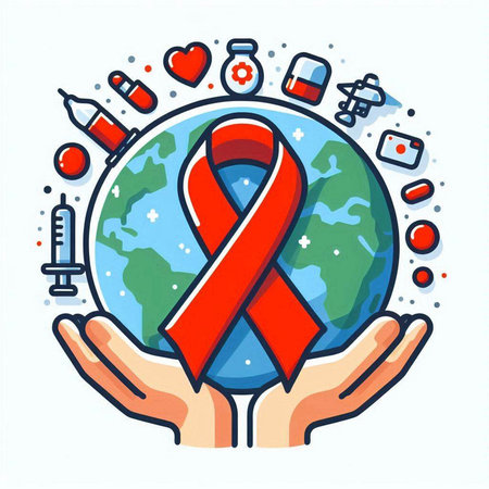 Vector illustration of World Aids Day. Red ribbon in hand and icons around.のイラスト素材