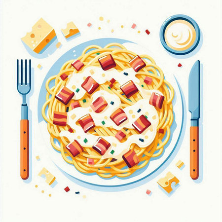 Spaghetti with bacon and cheese on a plate. Vector illustration.のイラスト素材