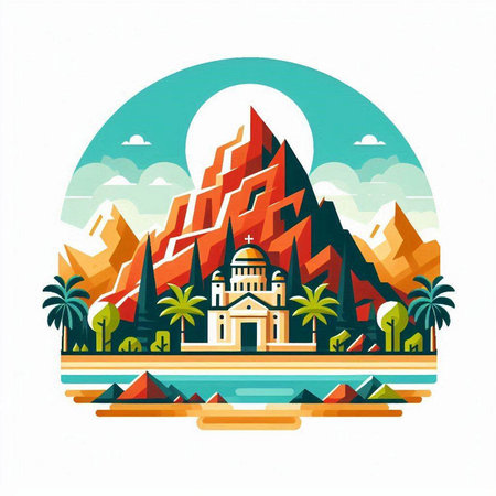Vector illustration of a mountain landscape with a church and palm trees.のイラスト素材