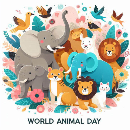 World Animal Day greeting card with cute cartoon animals. Vector illustration.のイラスト素材