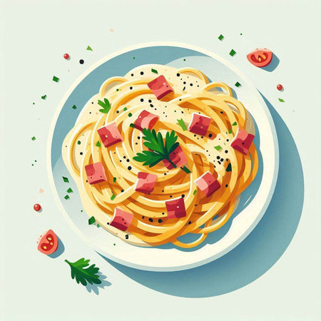 Spaghetti with ham and parsley. Top view. Vector illustration.のイラスト素材