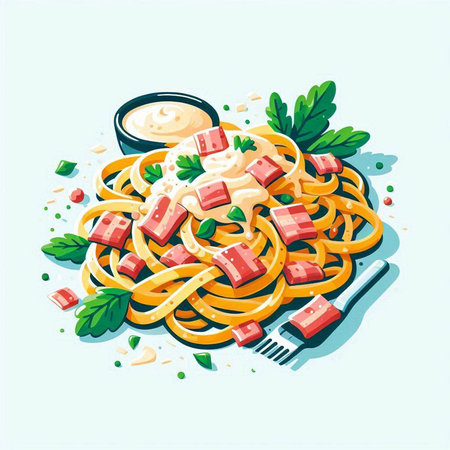 Spaghetti with tomato sauce, parsley and mayonnaise.のイラスト素材