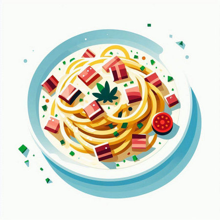 Spaghetti with cheese, tomato sauce and herbs. Vector illustration.のイラスト素材