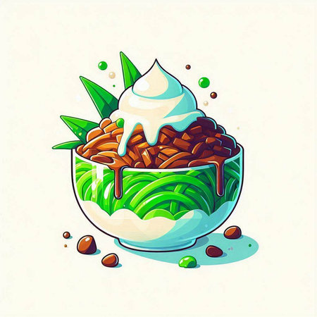 Illustration of a bowl of chocolate ice cream with green grass.のイラスト素材