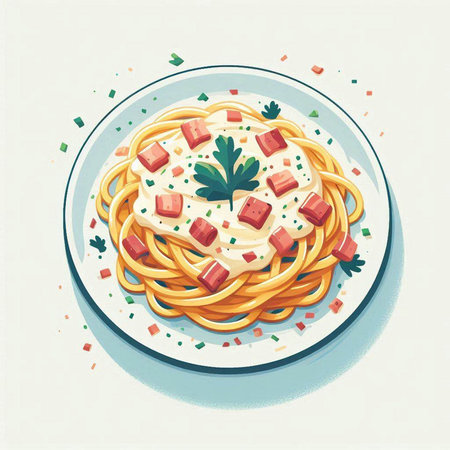 Spaghetti with tomato sauce and parsley on a plate. Vector illustration.のイラスト素材