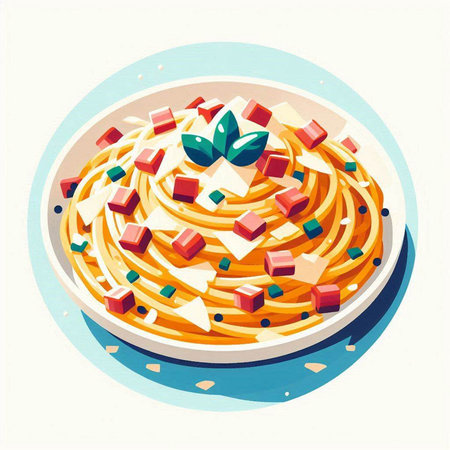 spaghetti with tomato sauce and cheese on a plate, vector illustrationのイラスト素材