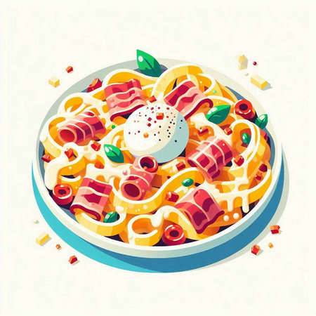 Salad with bacon, mozzarella and tomato. Vector illustration.のイラスト素材