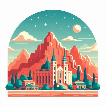 Cathedral of the Assumption of the Blessed Virgin Mary on the background of the mountains. Vector illustrationのイラスト素材