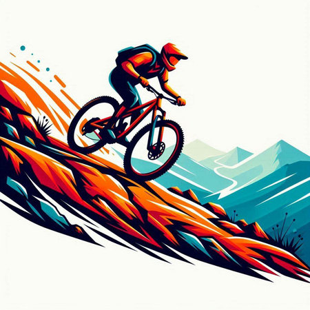 Cyclist Riding on the Rocky Mountains. Extreme Sport. Vector illustration.のイラスト素材