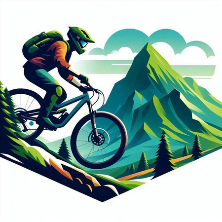 Mountain biker on the background of the mountain landscape, vector illustrationのイラスト素材