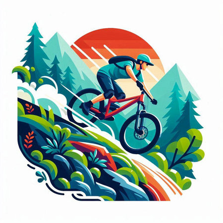 Mountain biker rides on a bike through the forest. Vector illustration.のイラスト素材