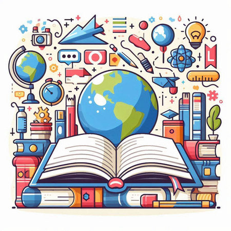 Vector illustration of school and education concept with open book, globe, globe, books and other school supplies on white background.のイラスト素材