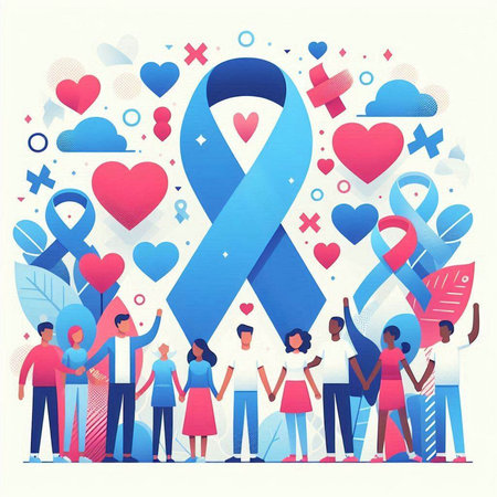Breast Cancer Awareness Month. Group of people with blue ribbon. Vector illustrationのイラスト素材