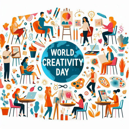 World Creativity Day poster with creative people drawing on canvas. Vector illustrationのイラスト素材