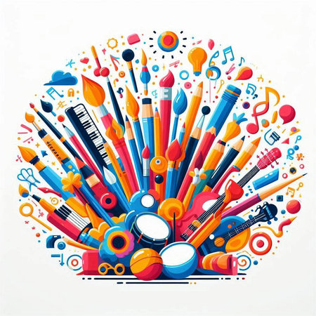Vector illustration of school supplies in circle. Back to school concept.のイラスト素材