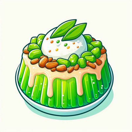 Vector illustration of a pistachio cake with ice cream on topのイラスト素材