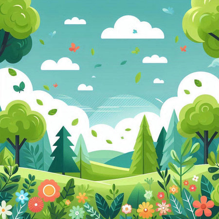 Nature landscape background with trees, flowers and butterflies. Vector illustration.のイラスト素材