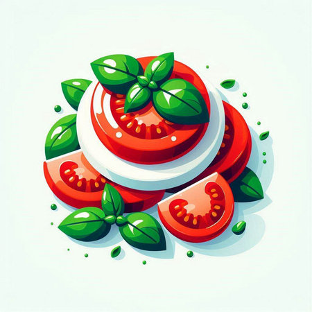 Tomato slices and basil leaves on a white background. Vector illustration.のイラスト素材