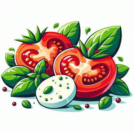 Illustration of fresh tomatoes with basil leaves and mozzarella cheeseのイラスト素材