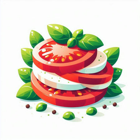 Tomato and mozzarella slices with basil leaves. Vector illustration.のイラスト素材