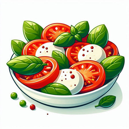 Illustration of a bowl of tomato salad with mozzarella and basil leavesのイラスト素材