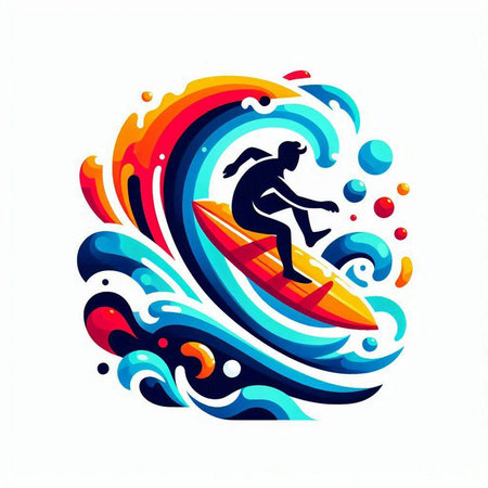 Surfer with surfboard on the waves. Colorful vector illustration.のイラスト素材